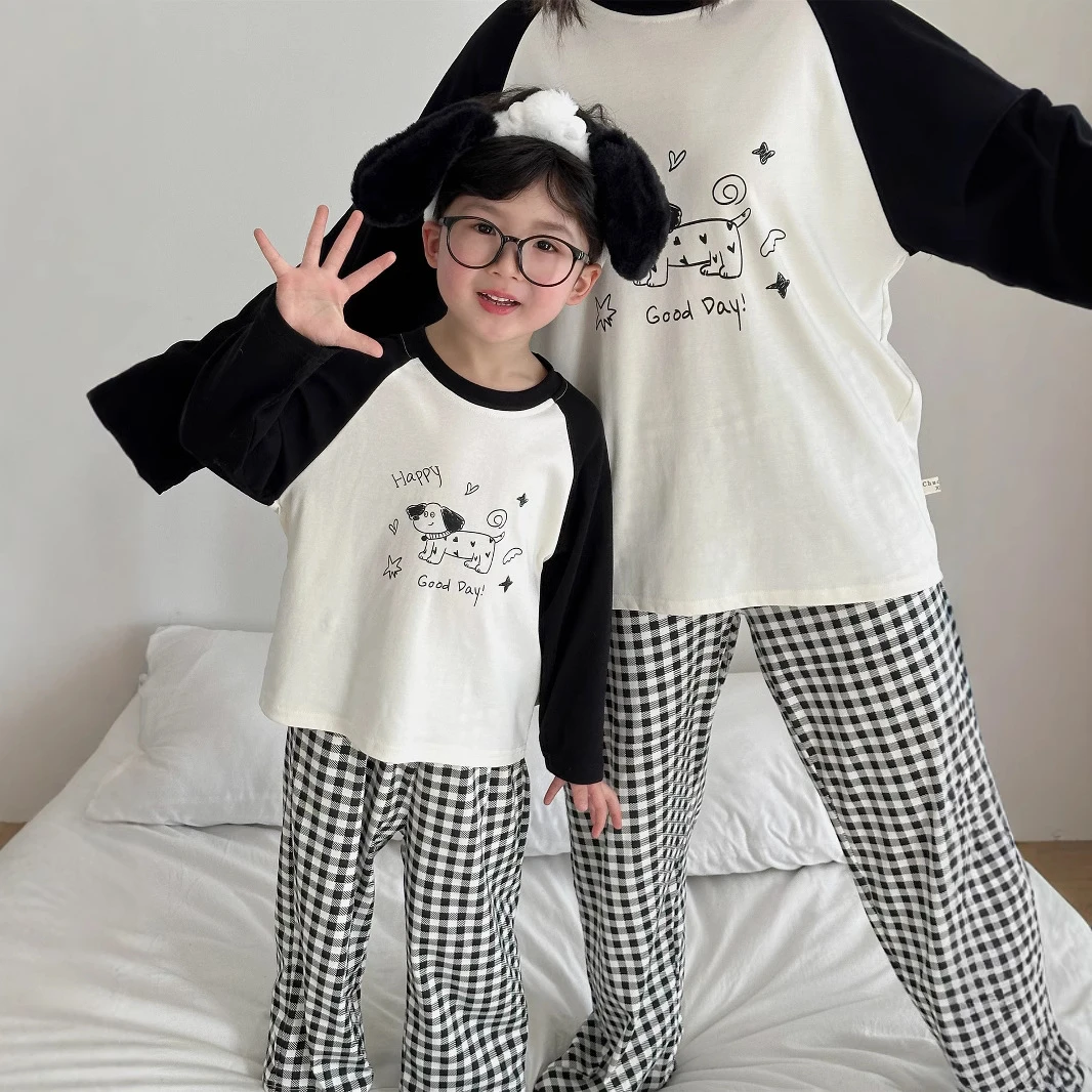 2025春季儿童棉质亲子插肩袖卡通休闲宽松睡衣春秋家居服套装