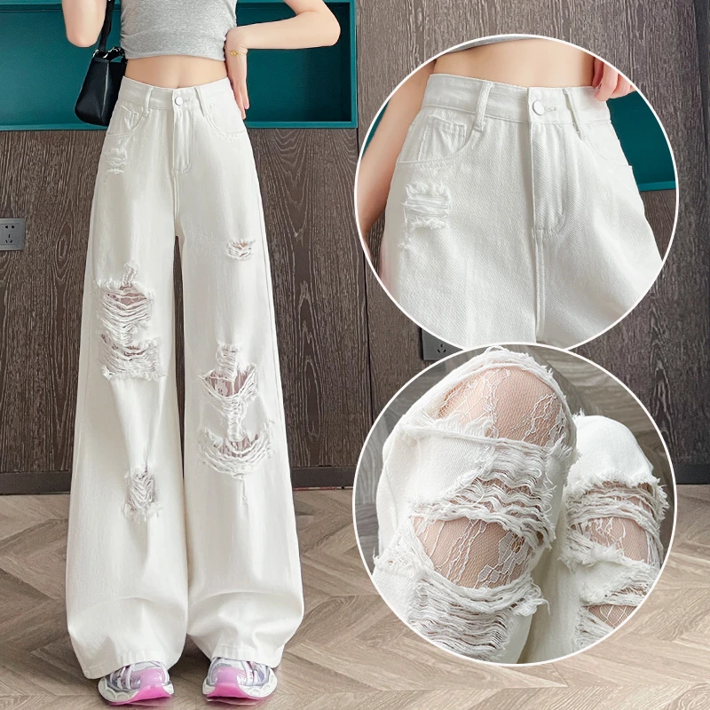 蜜蜜穿搭超火白色蕾丝破洞乞丐牛仔裤女2025夏薄宽松遮肉阔腿裤子