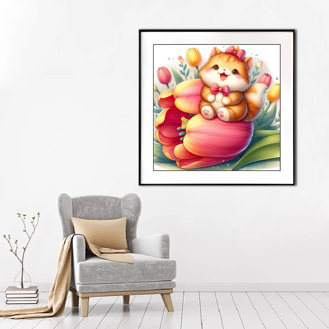 【新疆长绒棉绣布】6316郁金香猫咪十字绣大格60x60厘米满绣42色