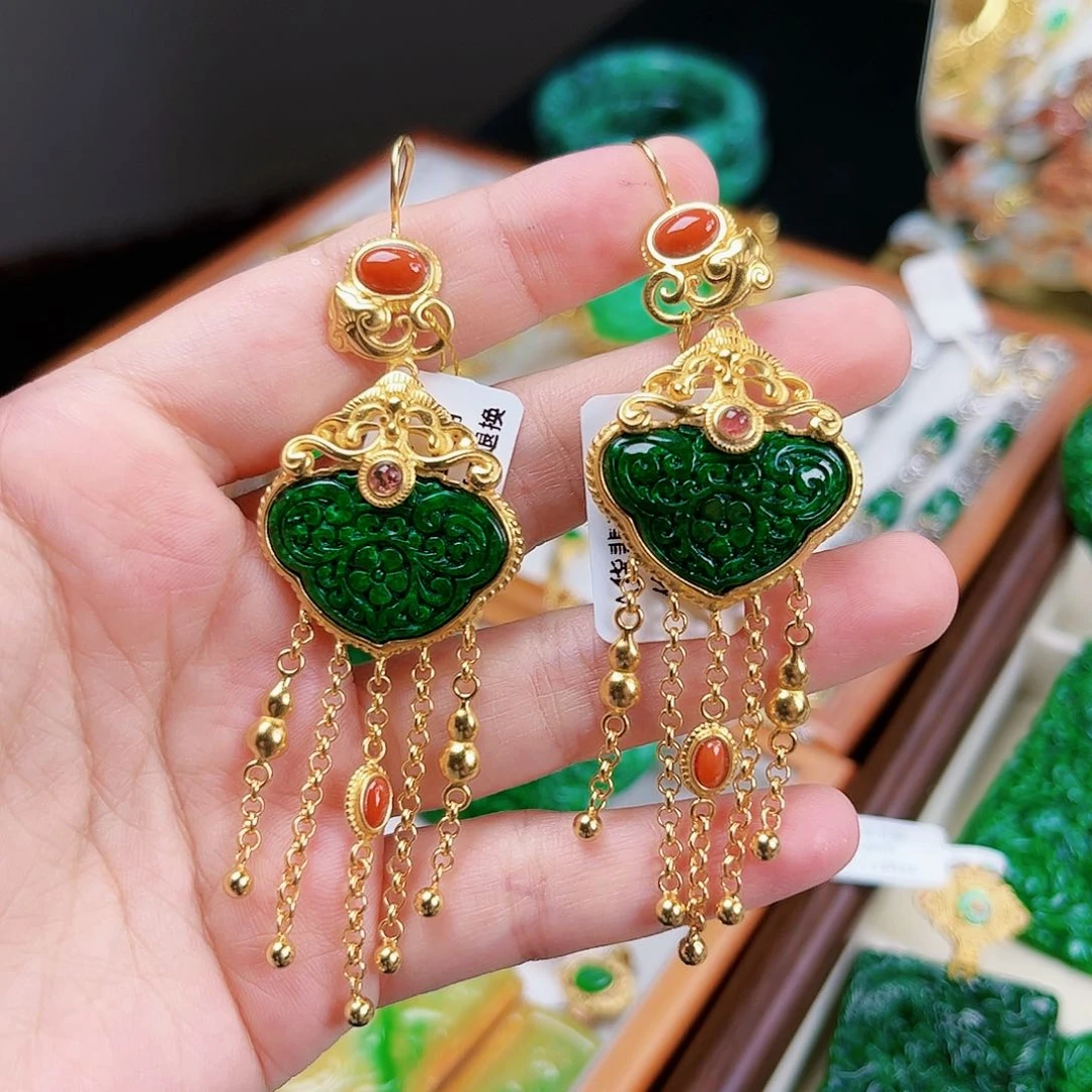 【闪购商品】银S925镀金镶嵌翡翠耳饰