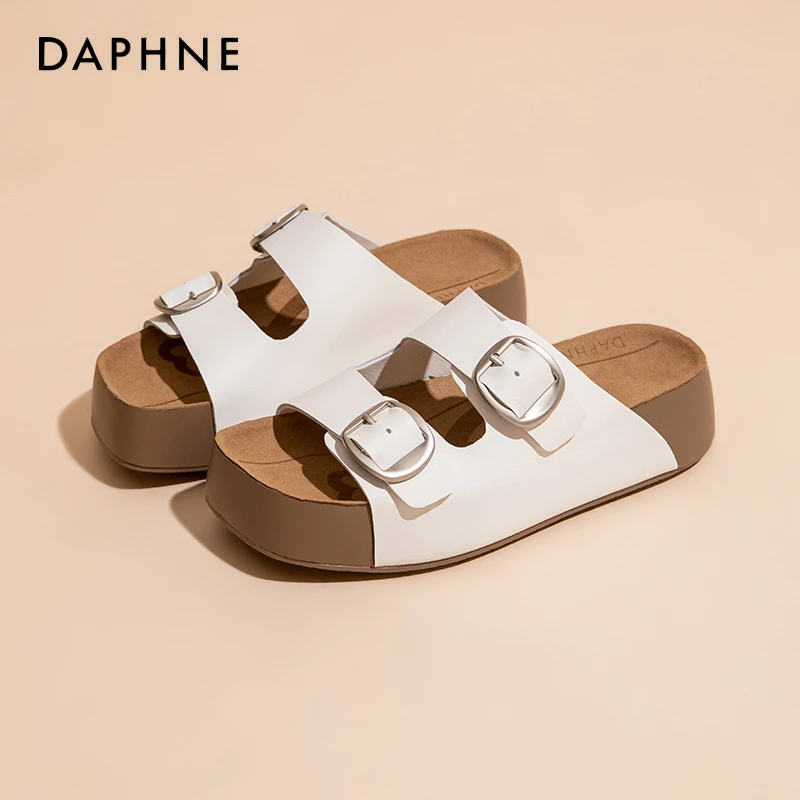 Daphne/达芙妮凉拖鞋胶粘鞋增高一字拖防滑百搭厚底休闲皮带扣