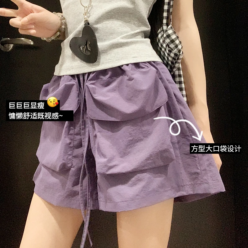 美式速干大口袋工装短裤女夏季新款A字高腰运动休闲显瘦阔腿短裤