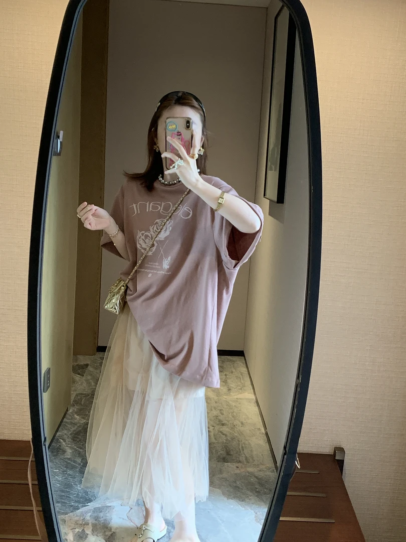 圆领玫瑰印花上衣杂志风短袖常规袖T恤中长款时尚显瘦