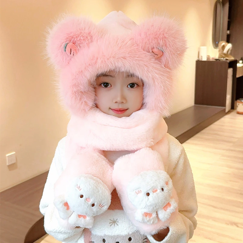 儿童帽子围巾一体手套小熊冬季女孩保暖毛绒帽男童加厚护耳防寒帽