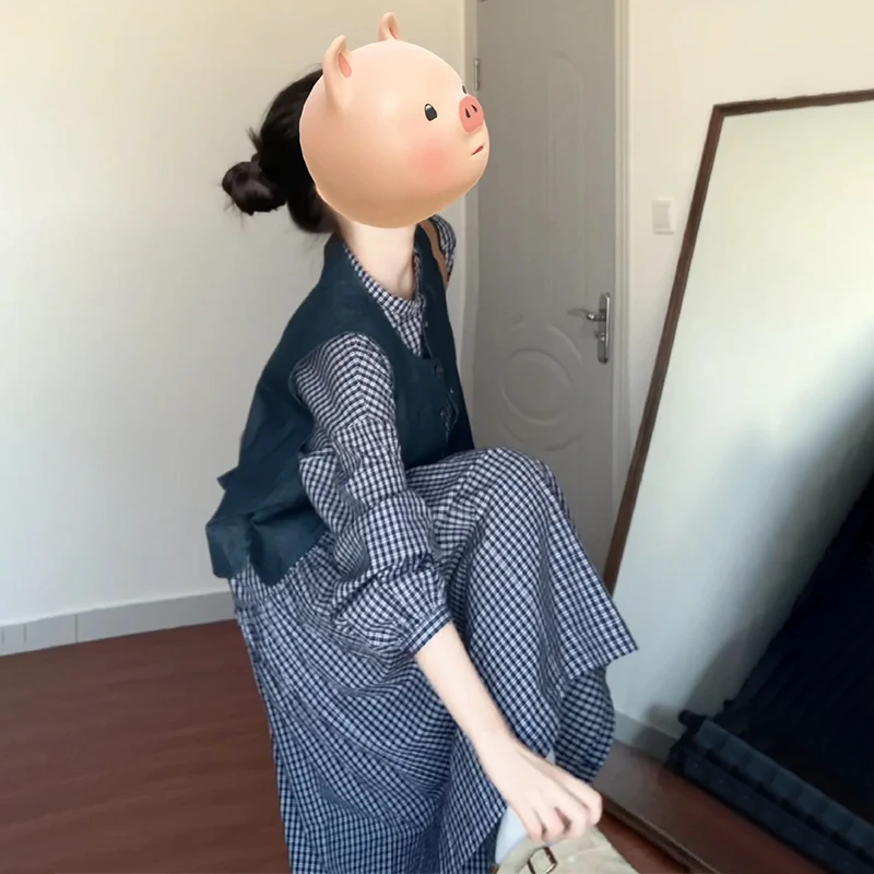 长袖格纹连衣裙子初秋季2025新款茶歇法式高级感马甲套装长裙4660