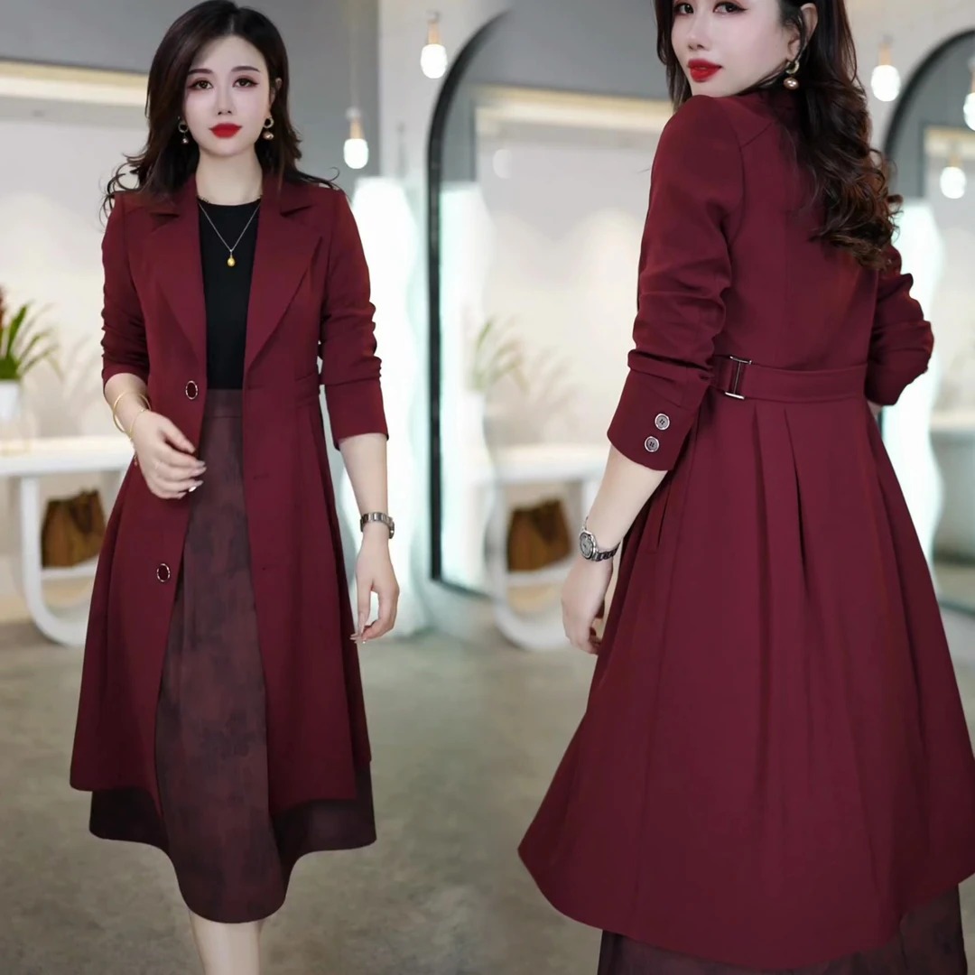 2024秋款波尔多红百搭显瘦通勤中长款风衣外套M-4XL