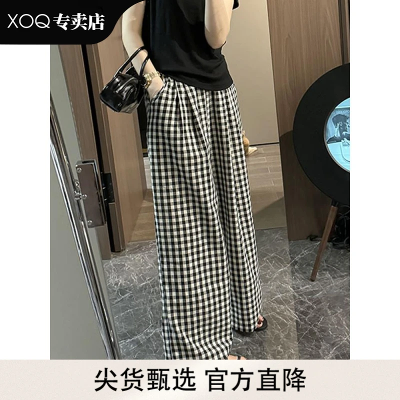 XOQ黑白格子阔腿裤女夏季薄款2025年新款高腰宽松直筒休闲长裤子