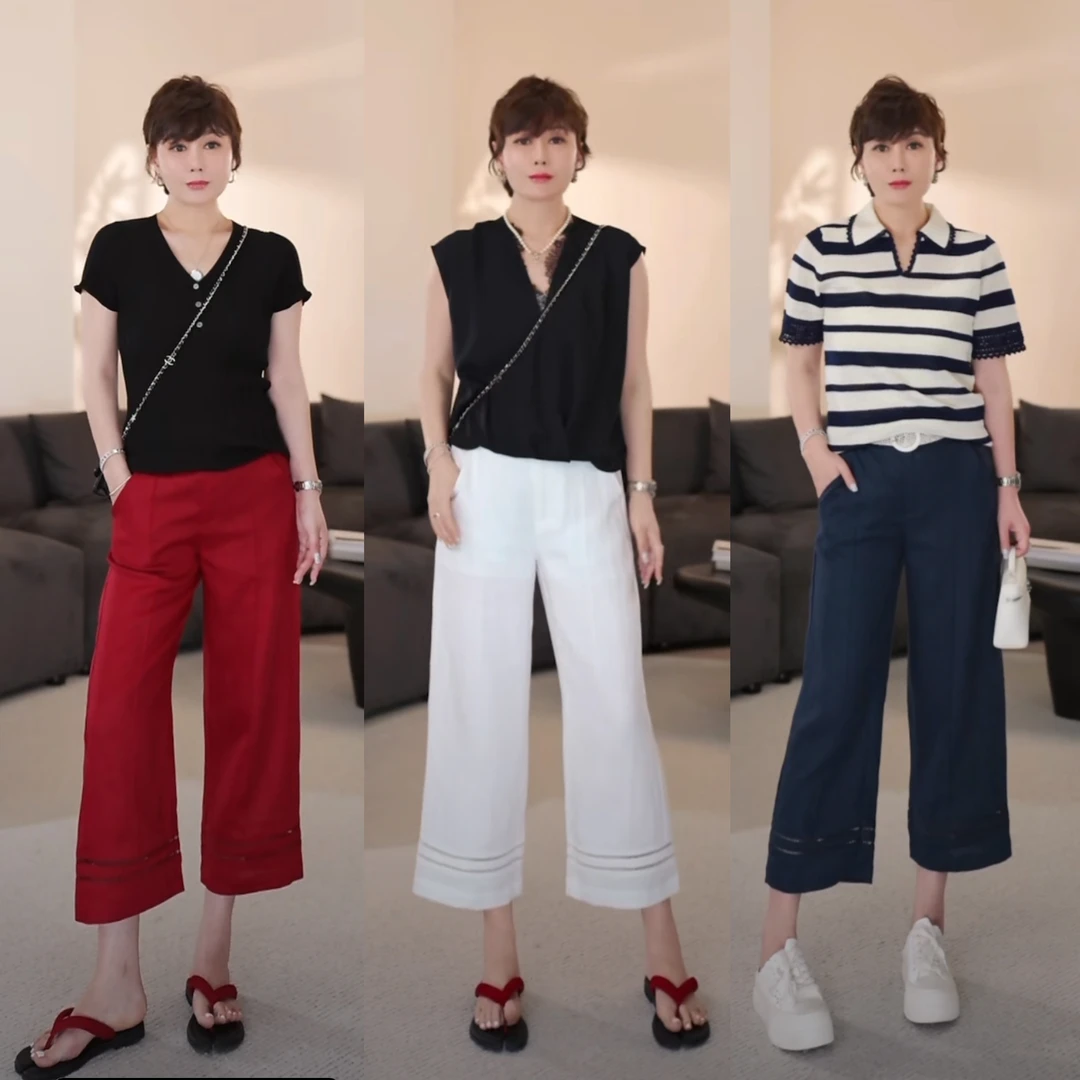 水木夫妻”海岛小调”100%亚麻夏季显瘦七分直筒休闲裤女！！