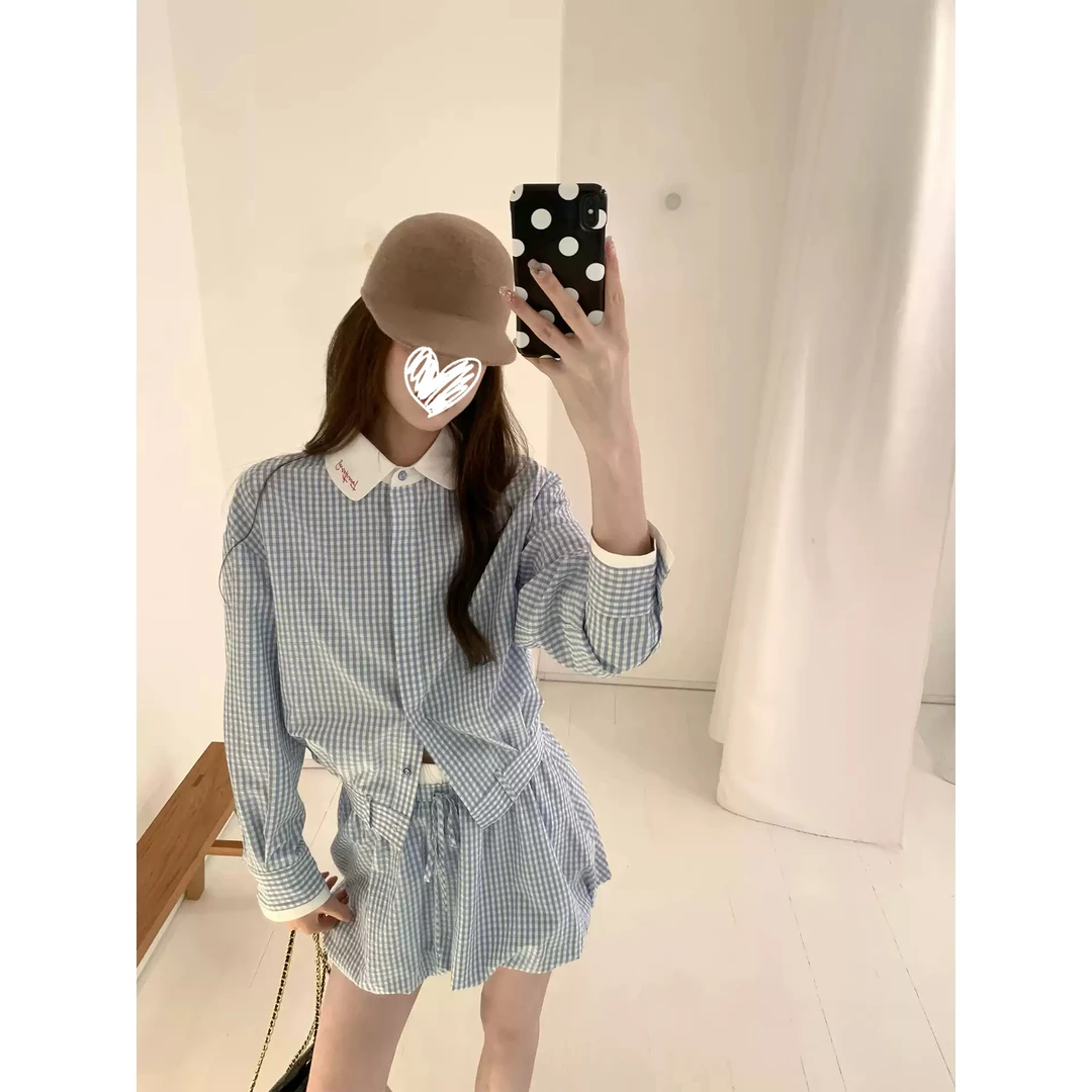 冷调锡蓝 蓝格子套装翻领衬衫花苞裙短裙撞色系带上衣女