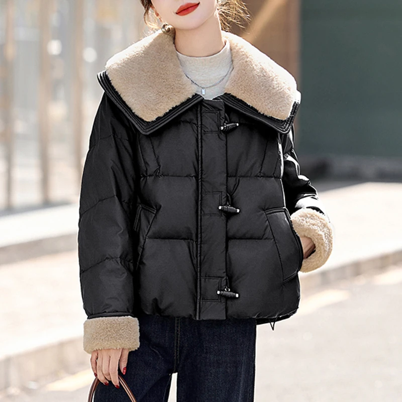 双层娃娃领拼接轻薄棉服女短款2025冬季新款时尚保暖外套潮流