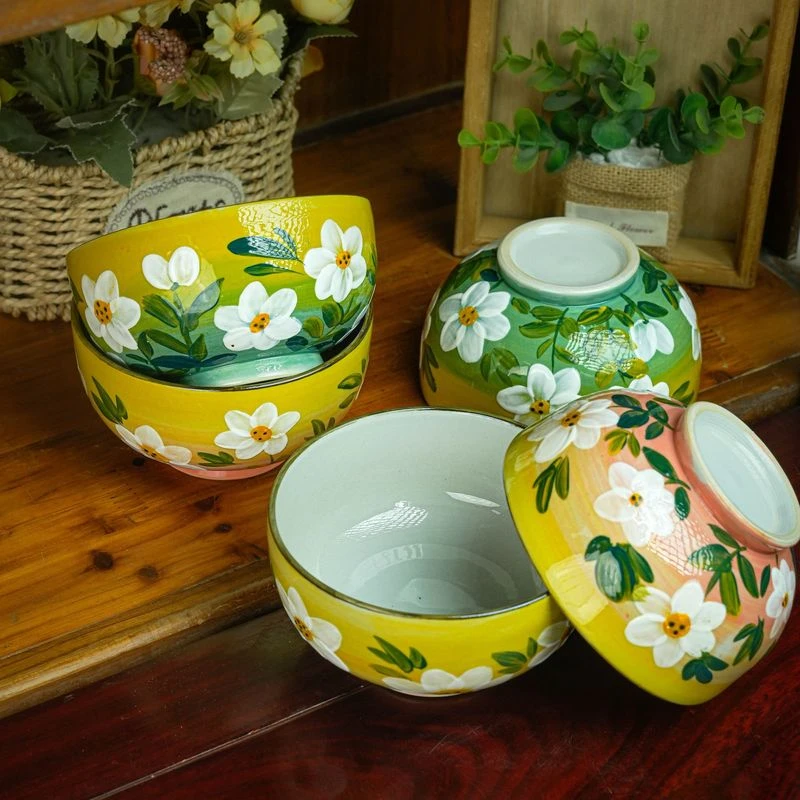 高颜值手绘花卉小清新陶瓷餐具创意手工釉下彩家用米饭碗汤碗