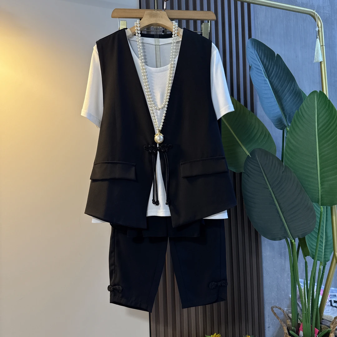 民族风夏季新款大码女装时尚复古国风盘扣拼接马甲打底裤子三件套