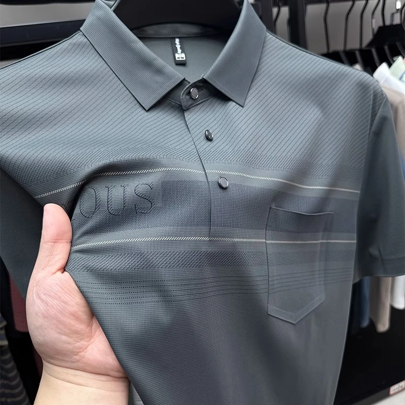 VIATEMSIARY高级感无痕印花男士冰丝短袖t恤商务休闲免烫Polo衫夏