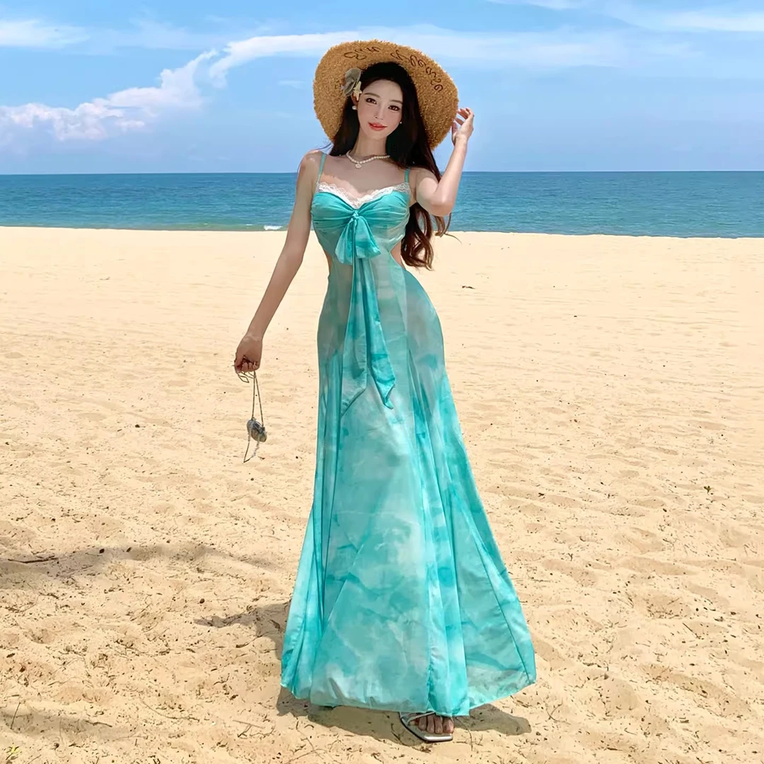 法式度假风绿色印花吊带连衣裙女夏季海边拍照纯欲性感露背鱼尾裙