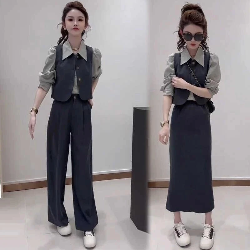 【现货】网红减龄套装女时尚洋气衬衫马甲阔腿裤气质小香风三件套