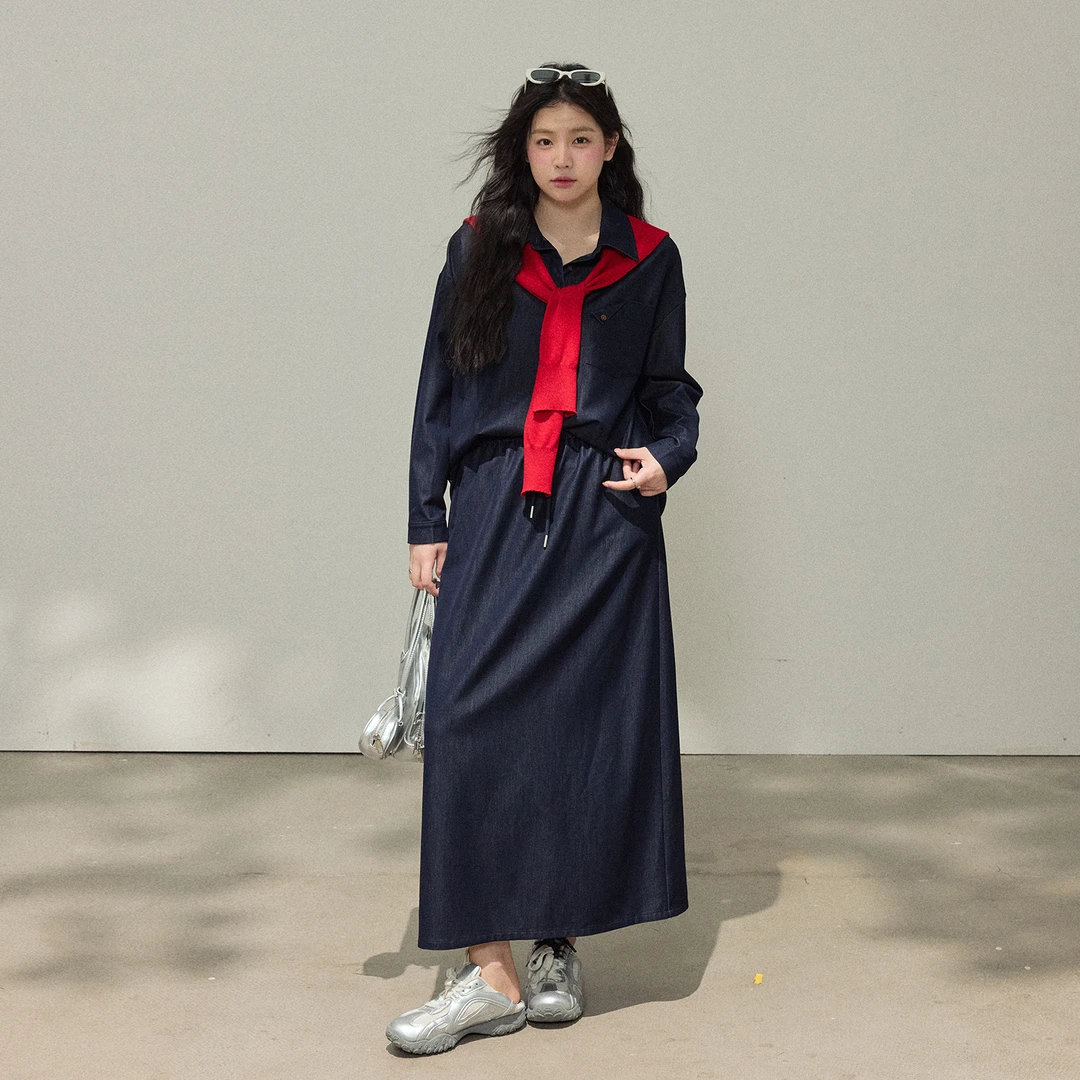 【佛罗伦萨蓝】大码女装微胖妹妹韩系复古显瘦牛仔外套半裙套装