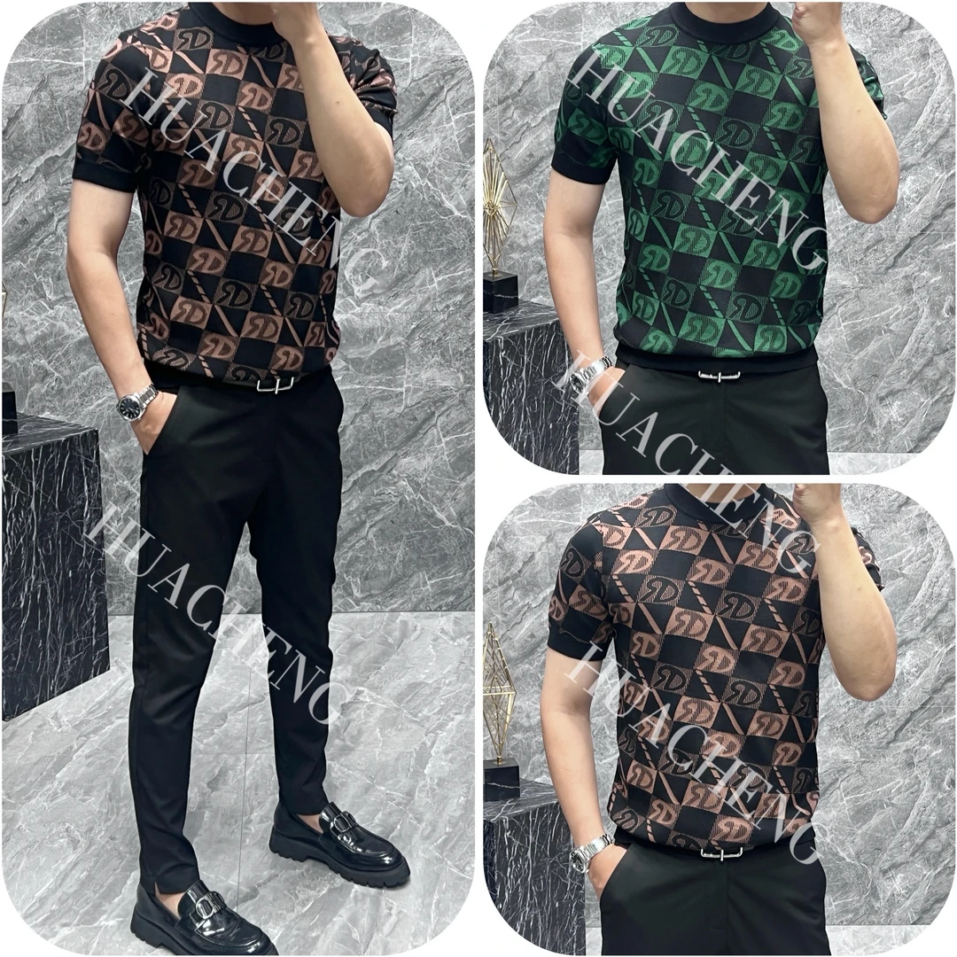 【画成】秋冬男士潮流字母提花修身时尚休闲圆领打底印花短袖HC2953