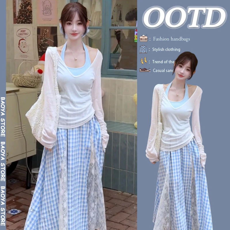 夏季穿搭一整套2025新款微透V领白色罩衫挂脖背心蕾丝半裙三件套