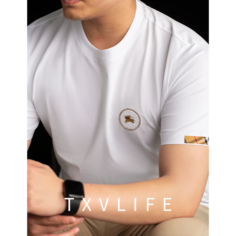 夏季薄款液氨双丝光棉白色t恤男短袖修身高端欧货圆领半袖男士