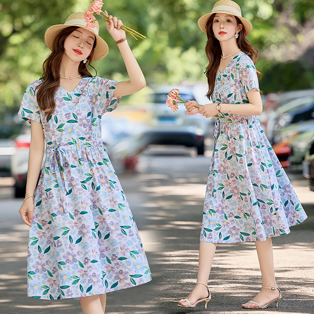 法式温柔风印花连衣裙女2025年夏季新款小个子收腰显瘦中长款裙子