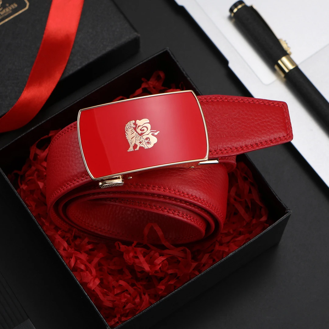 七匹狼新款红腰带本命皮带男士真皮年自动扣中青年裤带结婚礼物潮