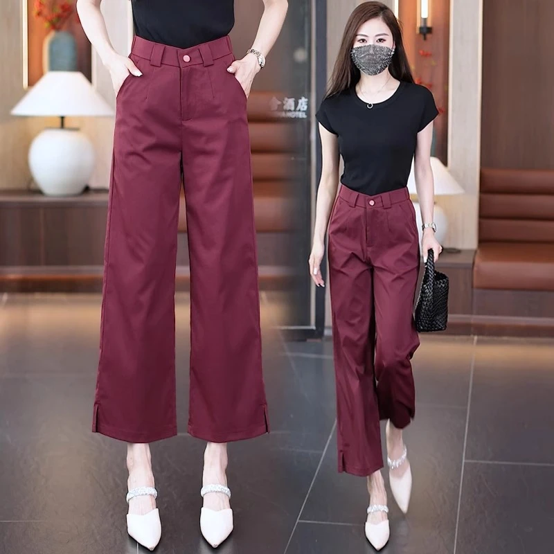 紫色八分西装阔腿裤女夏季薄款2025新款高腰显瘦小个子直筒裤子夏