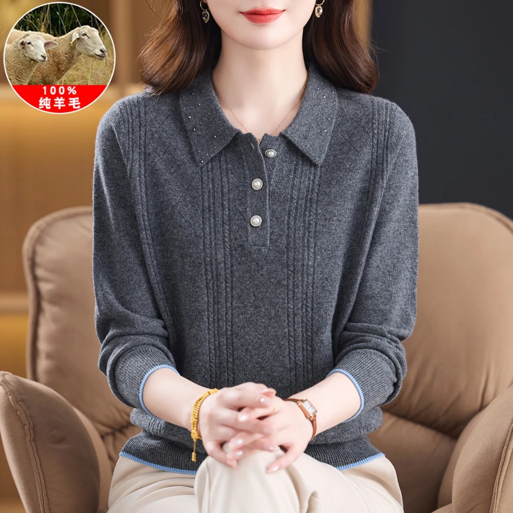羊毛衫女100%纯羊毛翻领宽松大码中老年妈妈毛衣服秋冬针织打底衫