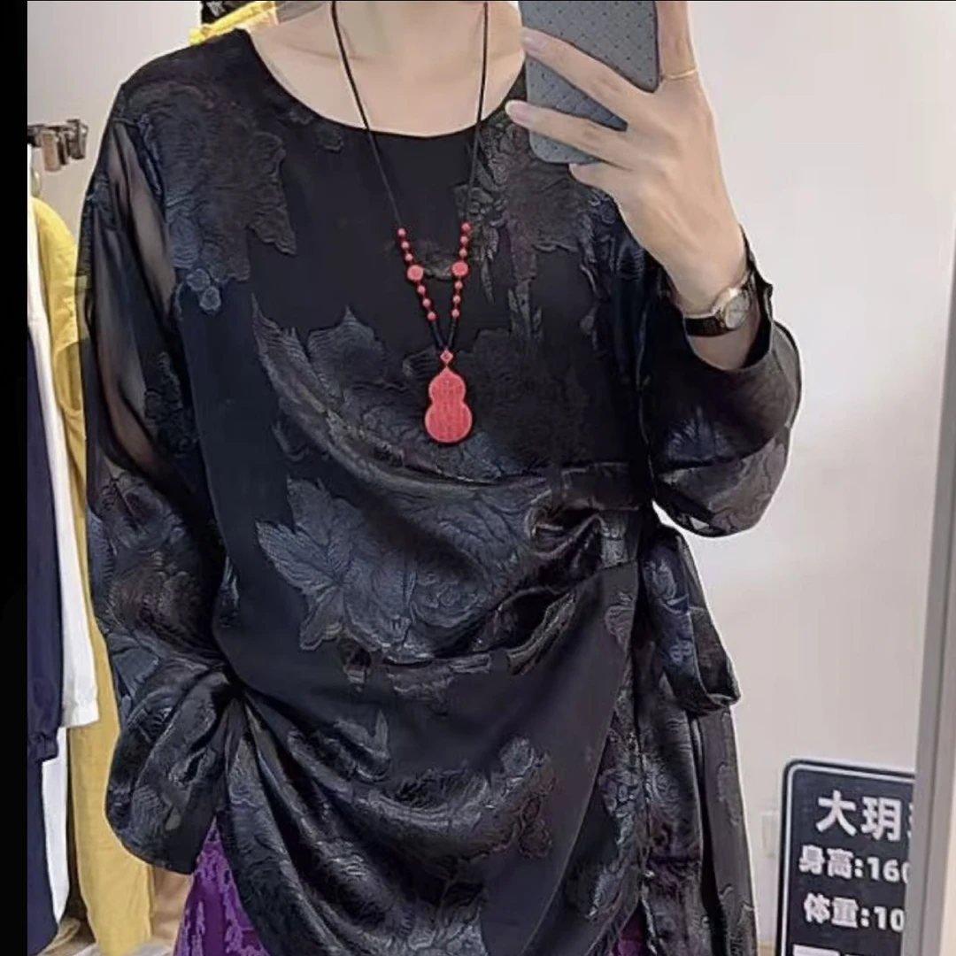 胖妹妹加肥圆领暗花小衫法式大码女装衬衫25年新款百搭休闲上衣