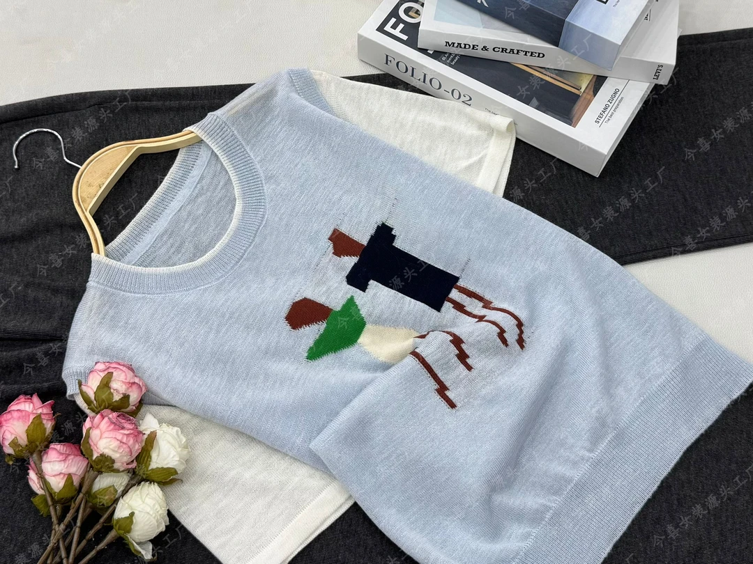 【蓝色提花假两件】新款时尚套头短袖针织衫QC3497