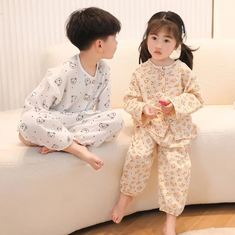 AD儿童睡衣家居服宝宝卡通纯棉纱布男女童棉纱九分袖居家服女童