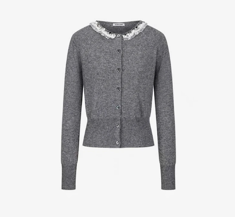 HER2025年新品女士针织衫手工立体花蕾丝拼接灰色修身上衣开衫