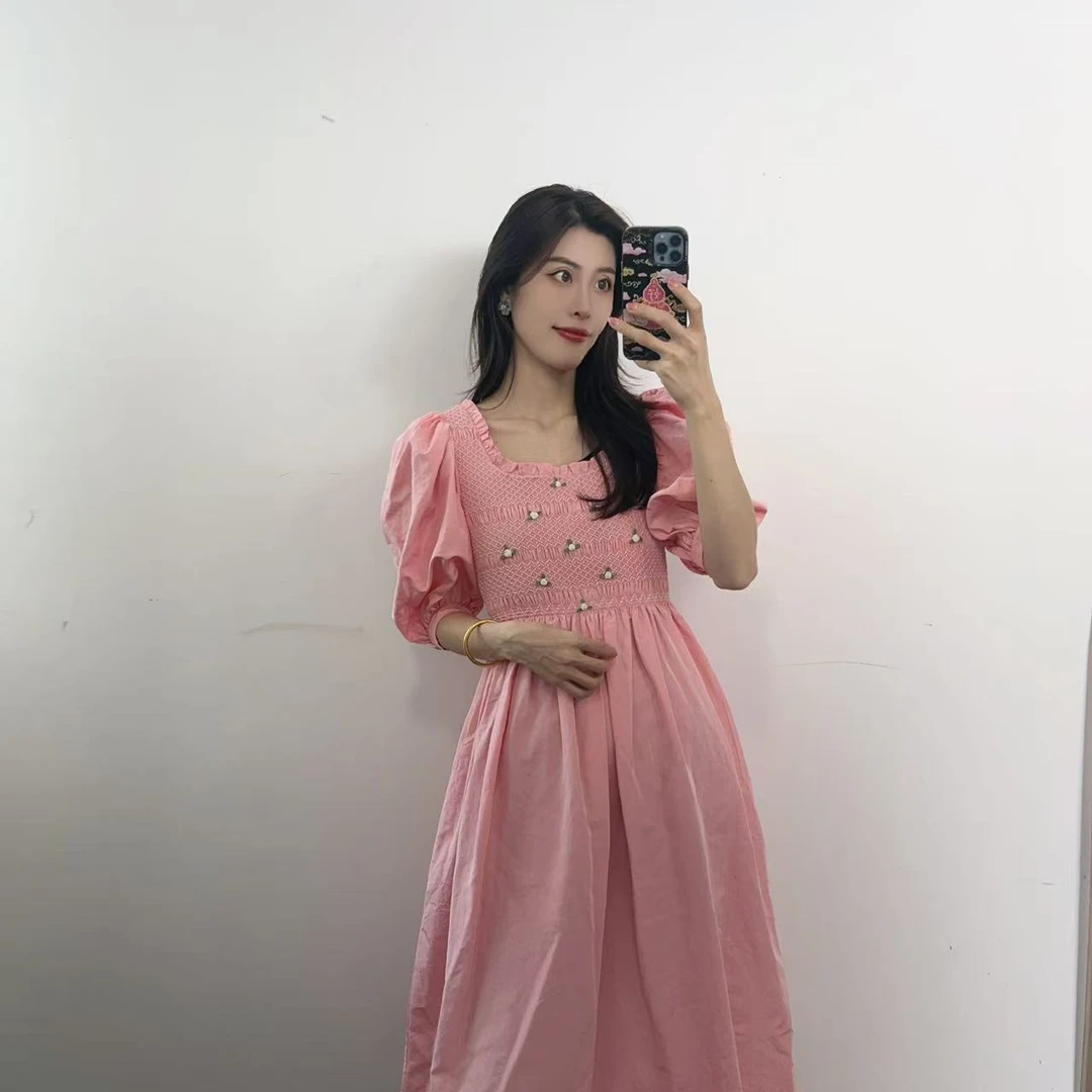 95新 MIU MIU/缪缪 麦殿/棉麻粉色长裙36/250228CHZ1E02