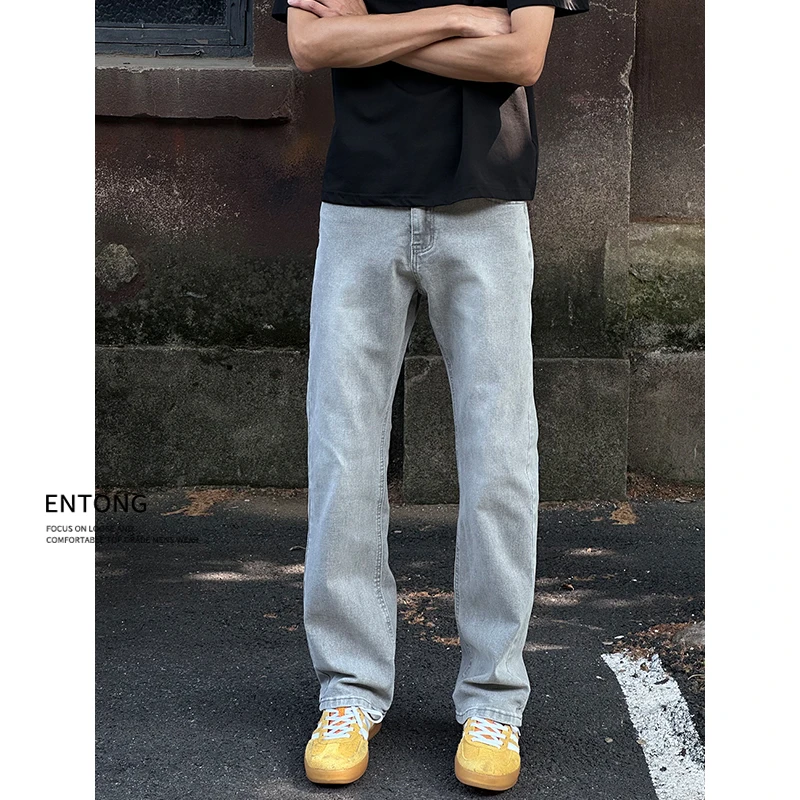Entong美式宽松微喇牛仔裤男生水洗薄款街头潮牌cleanfit直筒裤子