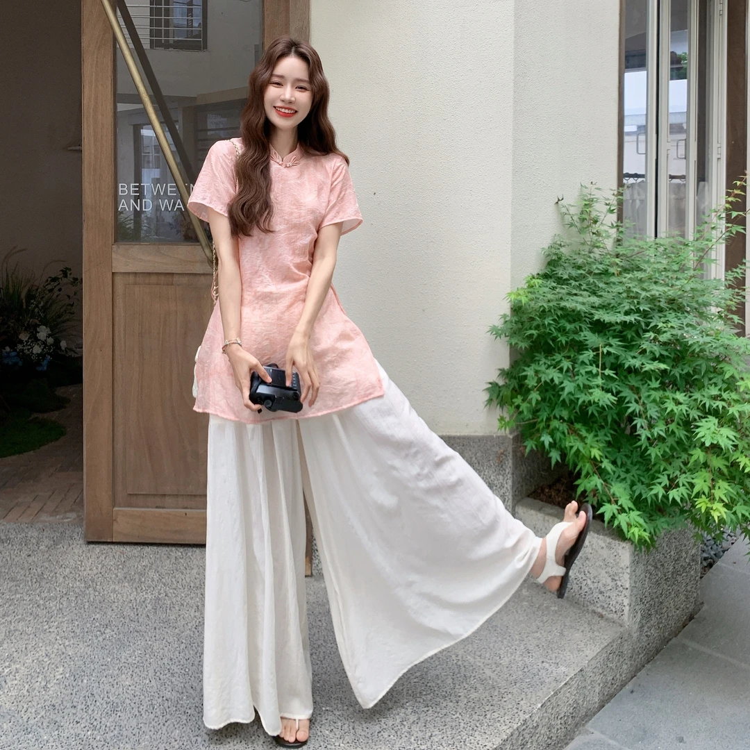 新中式国风粉色衬衫阔腿裤套装女2025夏新款今年流行超好看两件套