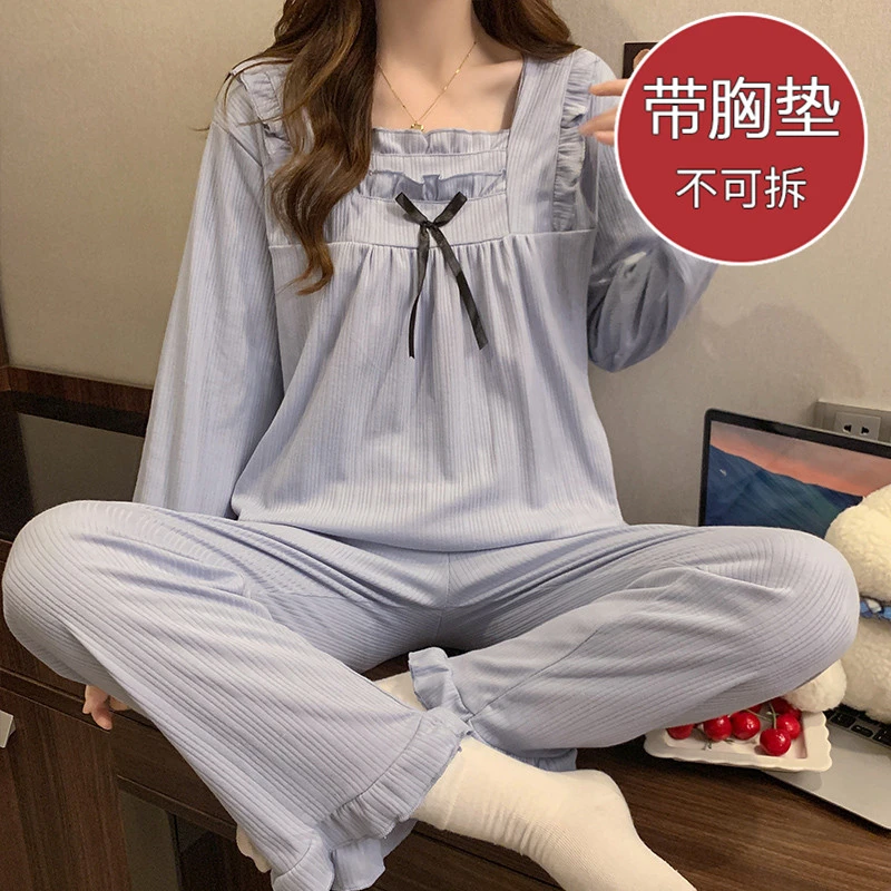 带胸垫睡衣女秋季网红风长袖长裤可外穿少女士薄款春秋季两件套装