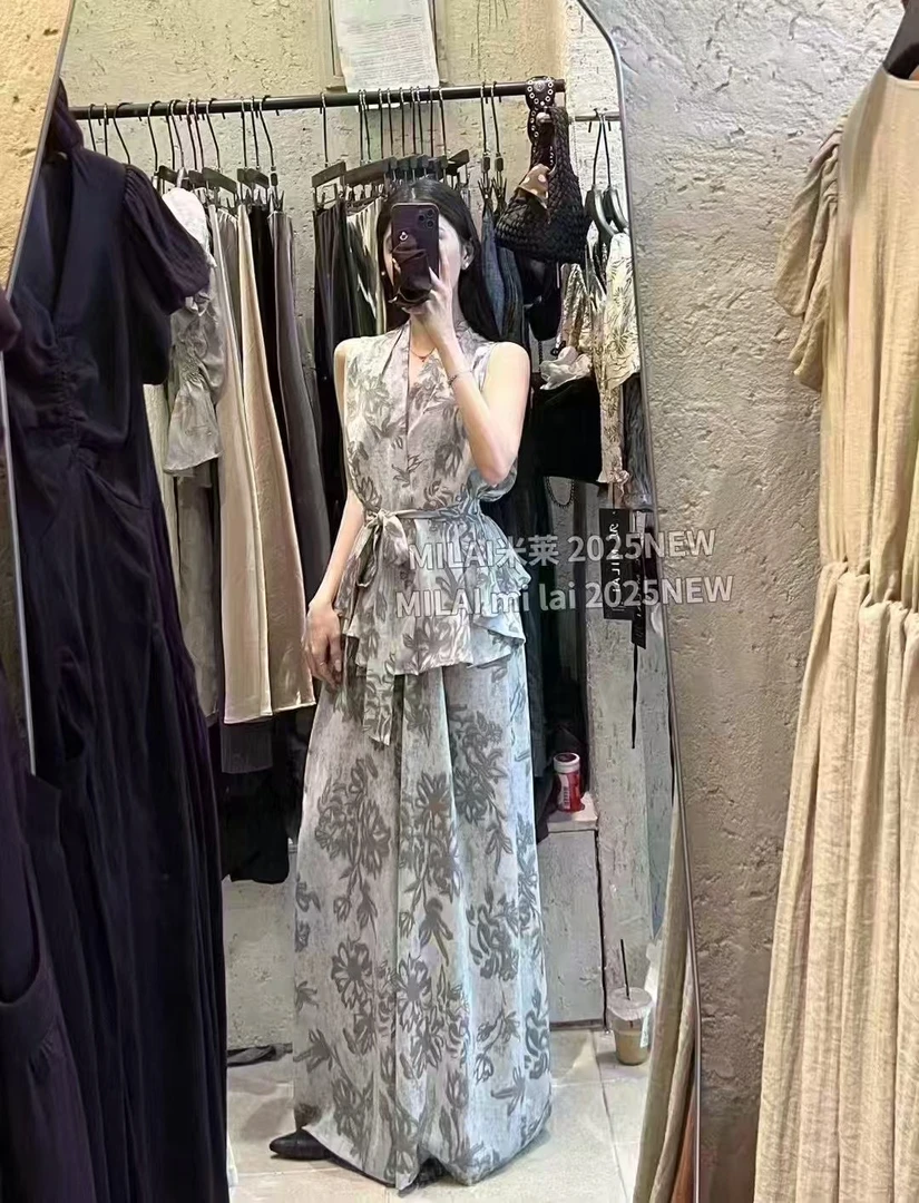 十三行米莱2025夏韩系气质大女主印花无袖系带收腰上衣阔腿裤套装