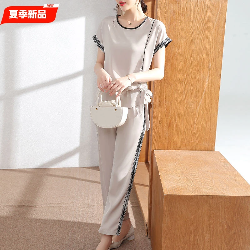 新款爆款气质妈妈夏装短袖套装时尚雪纺T恤年轻妇女小衫中年衣服