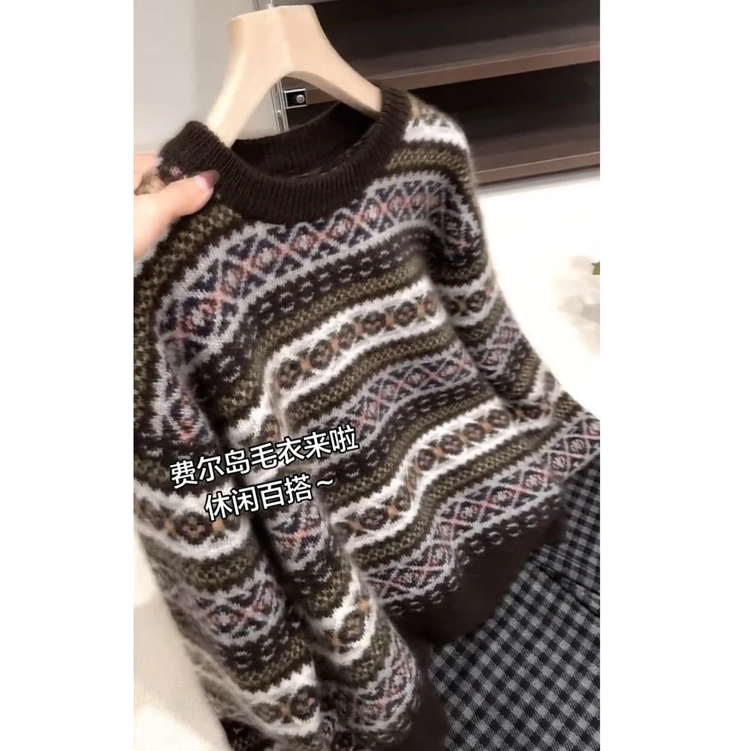秋冬新款韩系圆领复古感费尔岛提花针织衫女套头软糯保暖大码毛衣