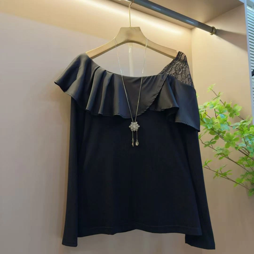 洋气新款欧洲站时尚花边领显瘦气质长袖上衣（长60左右）