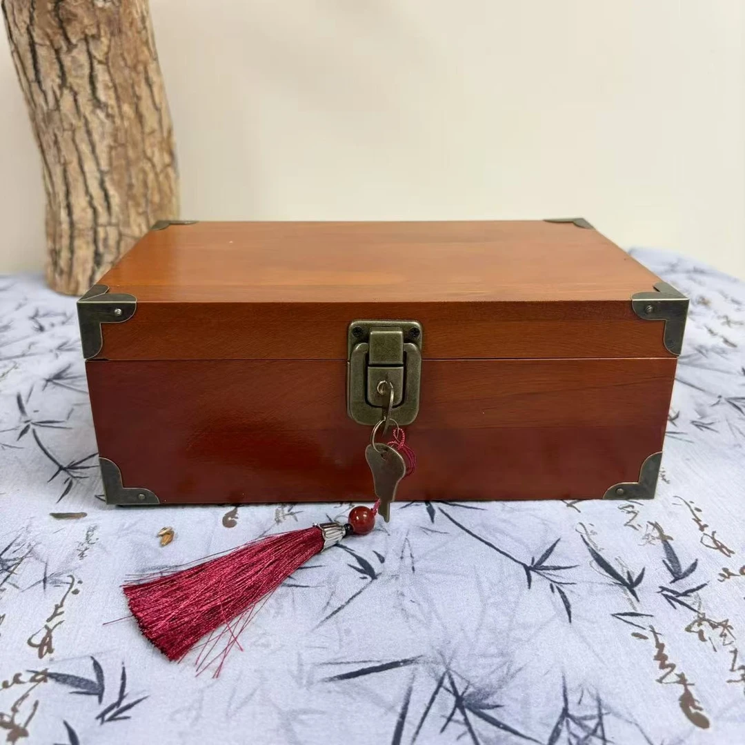 复古实木桌面收纳盒带锁收纳箱带钥匙