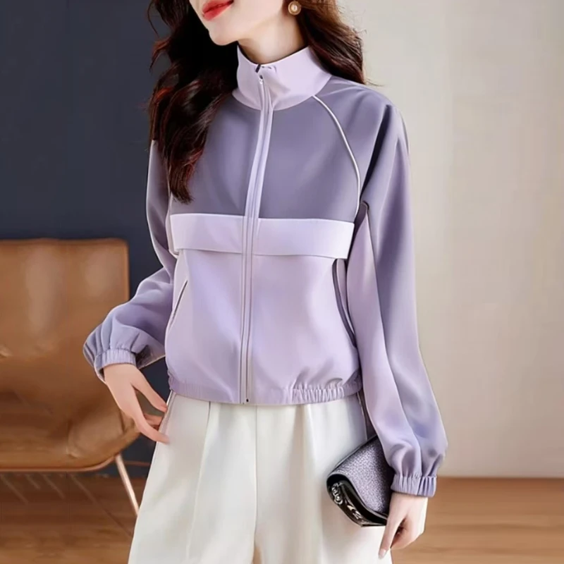 2025春款时尚百搭高级感超好看紫色拼接冲锋衣夹克薄外套宽松显瘦