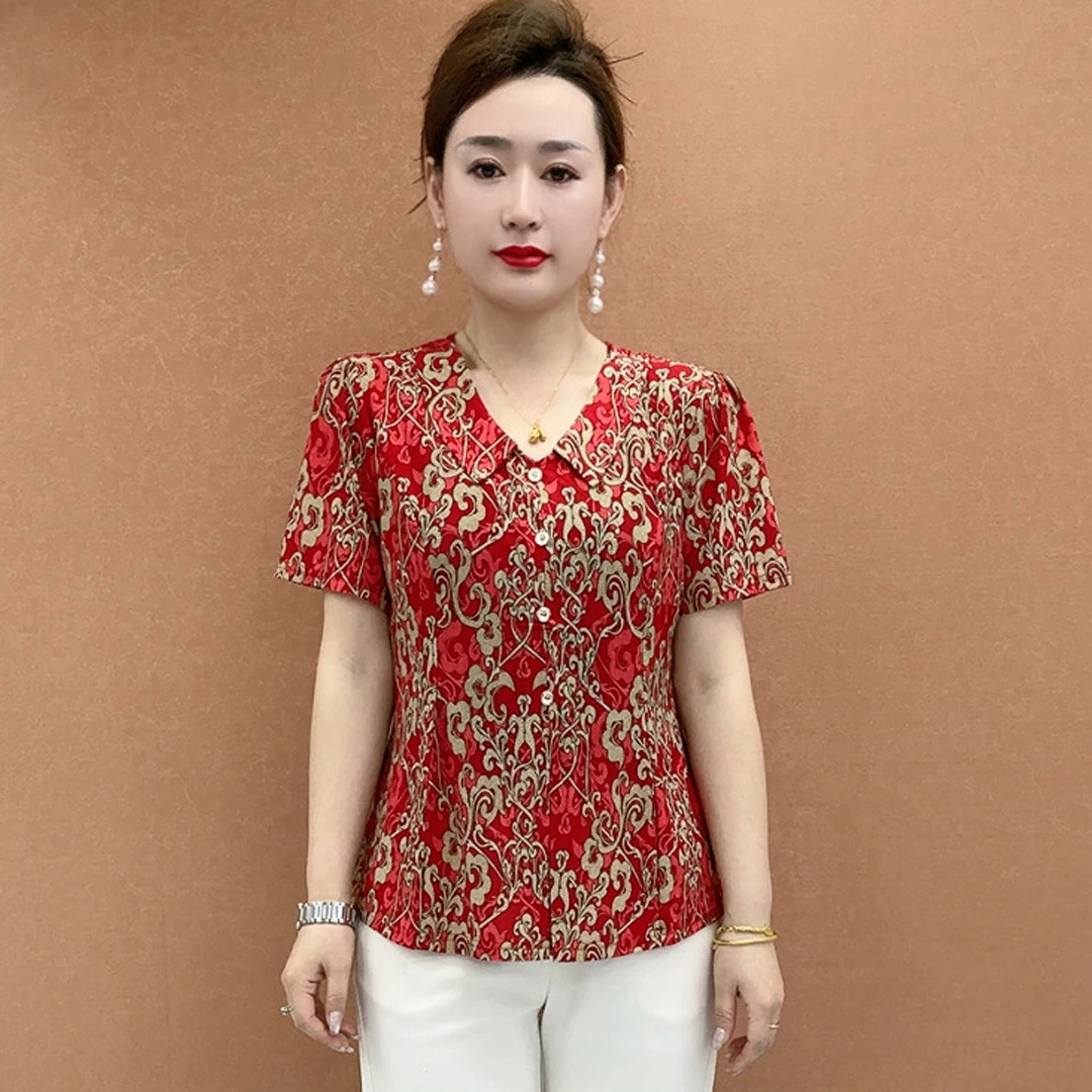 618-9夏季薄款短袖t恤女气质显瘦中老年女装潮流时尚中国红妈妈装