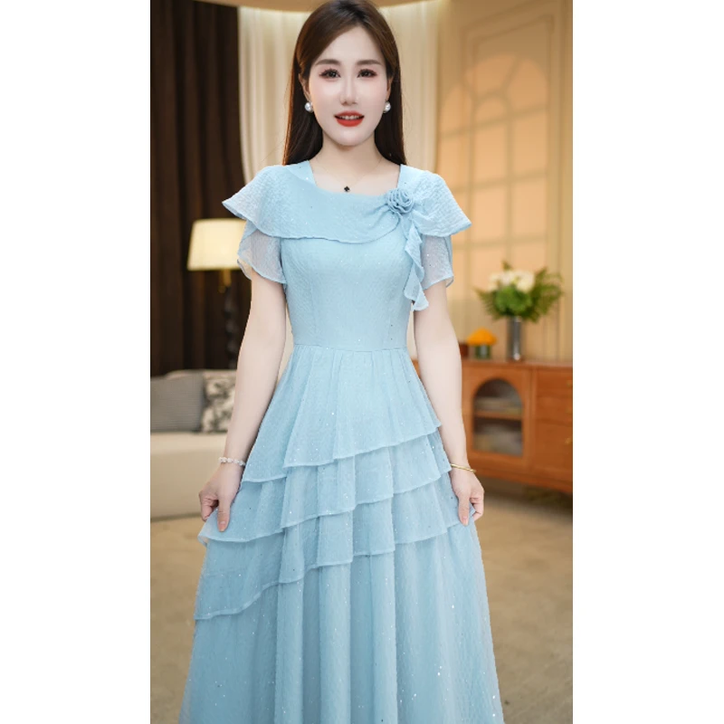 【连衣裙】夏季新款方领纯色显瘦时尚减龄中长款连衣裙M-4XL