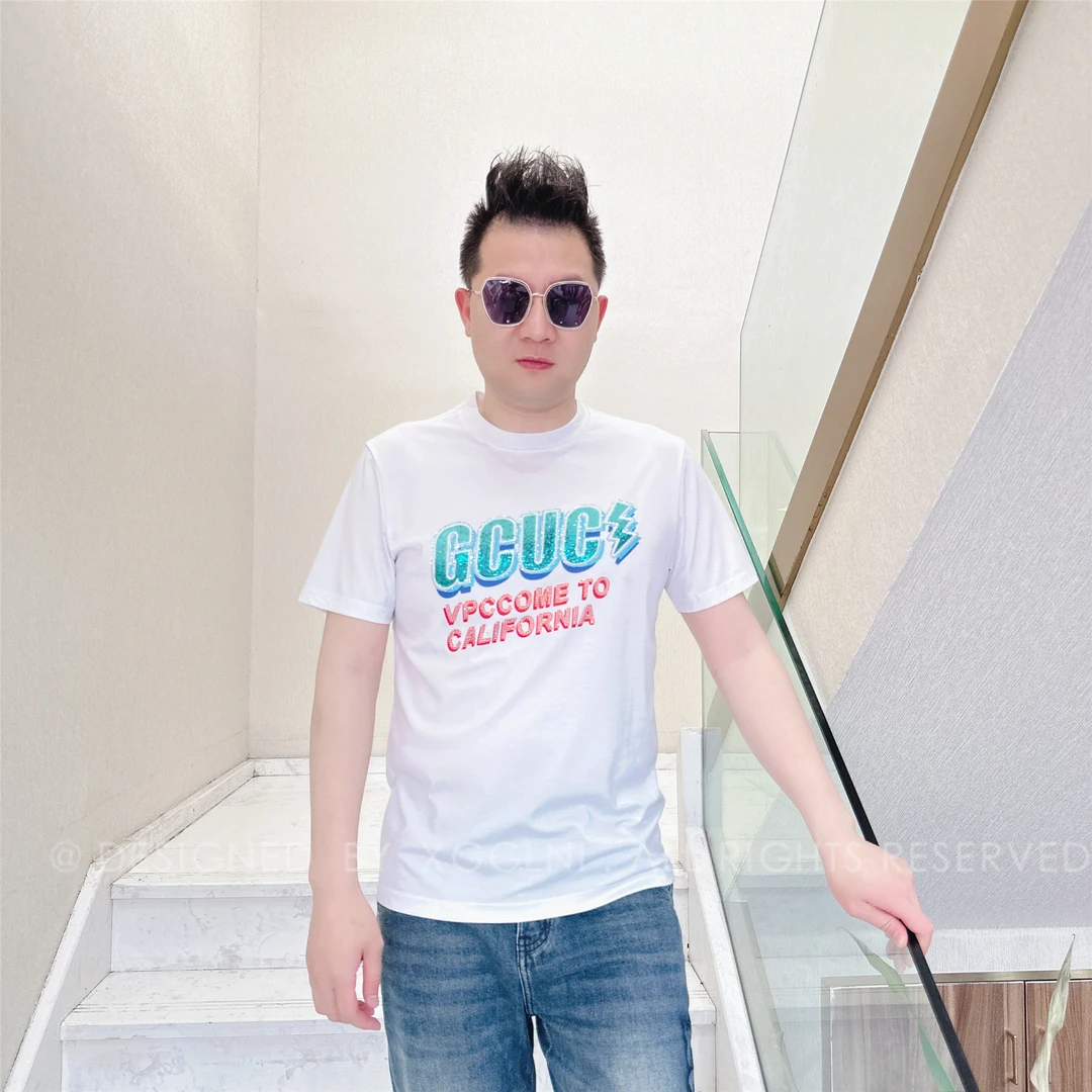 夏季款VPC蓝色珠片红色钻男士品质高端轻奢洋气上档次短袖t恤潮牌