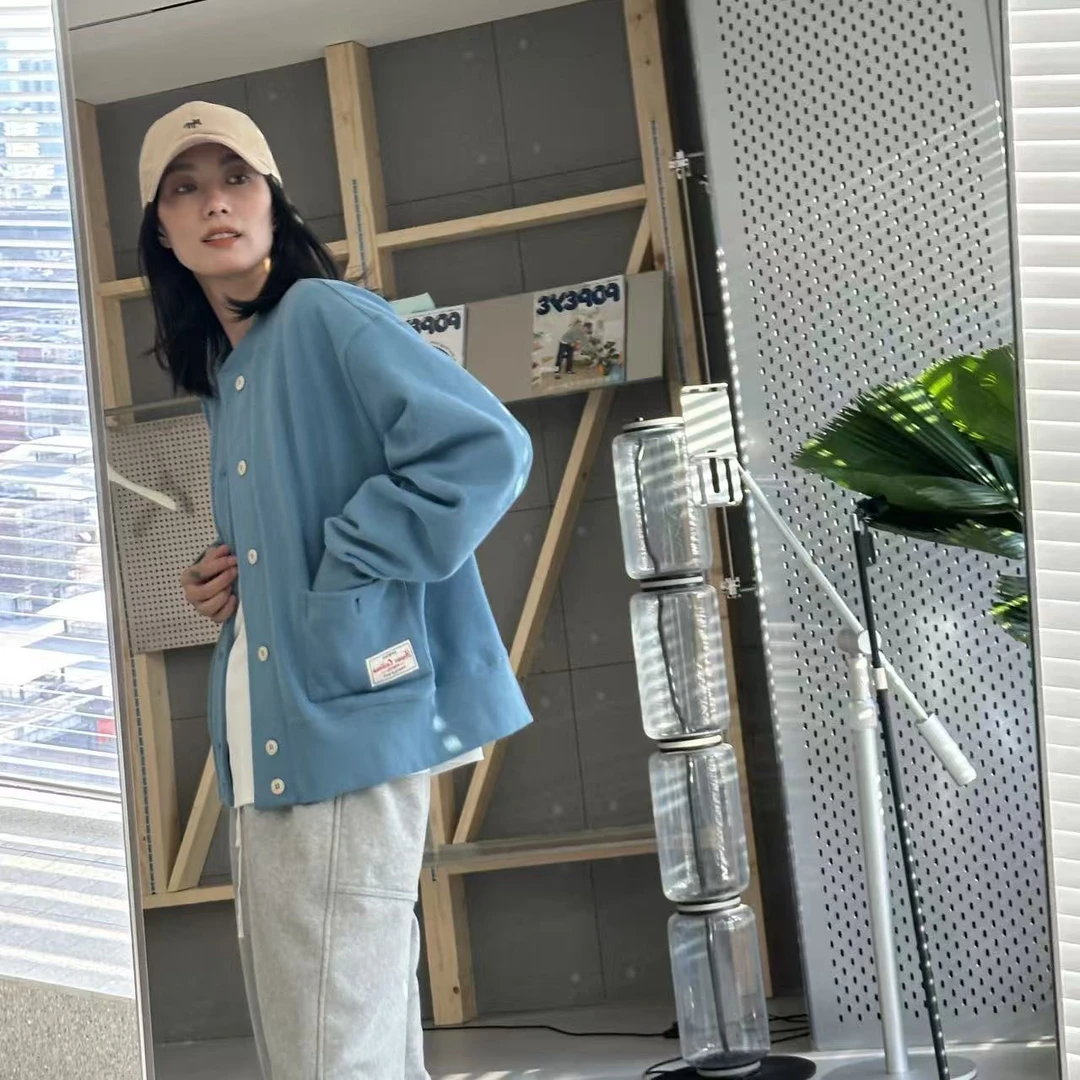 琴仔 天蓝色棒球领休闲复古开衫卫衣外套 Q121-1