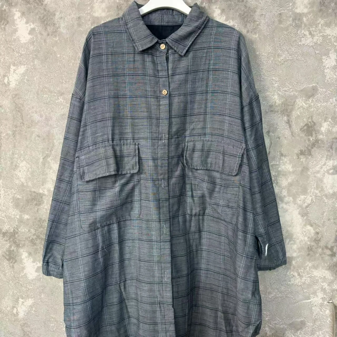 【沐木流浪记】灰色格子翻领双口袋女装风衣外套计划z