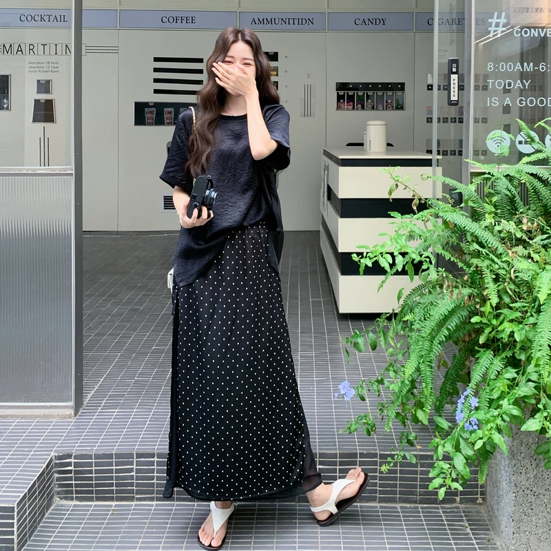 复古休闲波点套装裙女2025新款夏季休闲百搭上衣高腰半身裙两件套