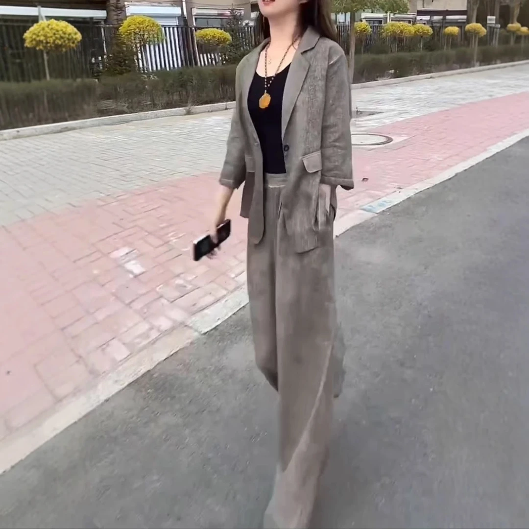 2025春季新款时尚气质翻领西服外套宽松阔腿裤通勒套装洋气减龄女