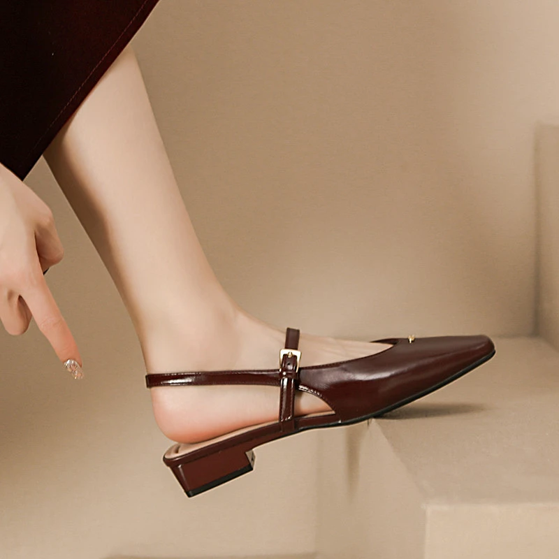 小香风后空单鞋女春夏季新款酒红色气质百搭配裙子包头凉鞋女低跟