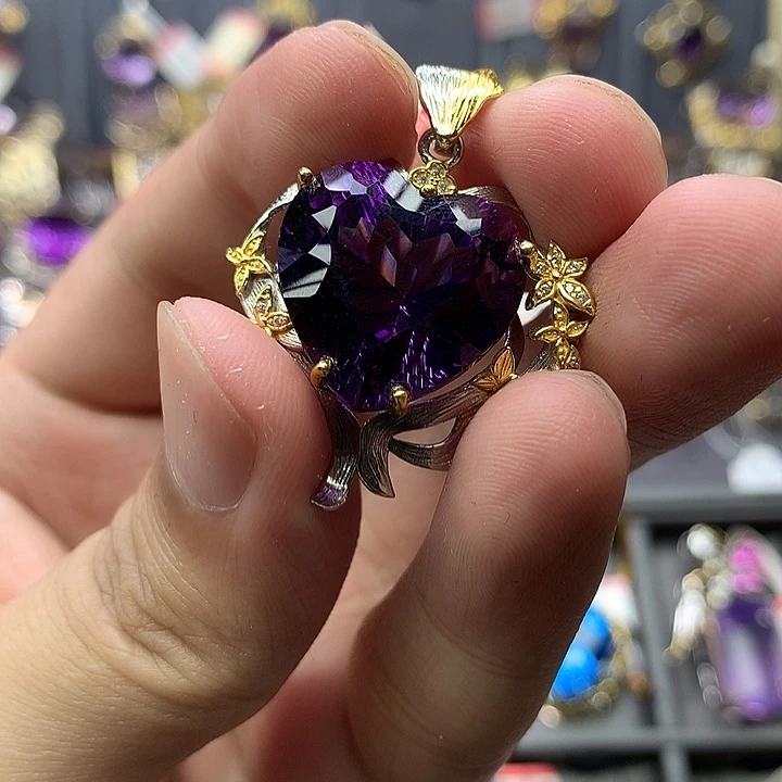 吊坠(不含链)银S925镀金镶嵌紫晶